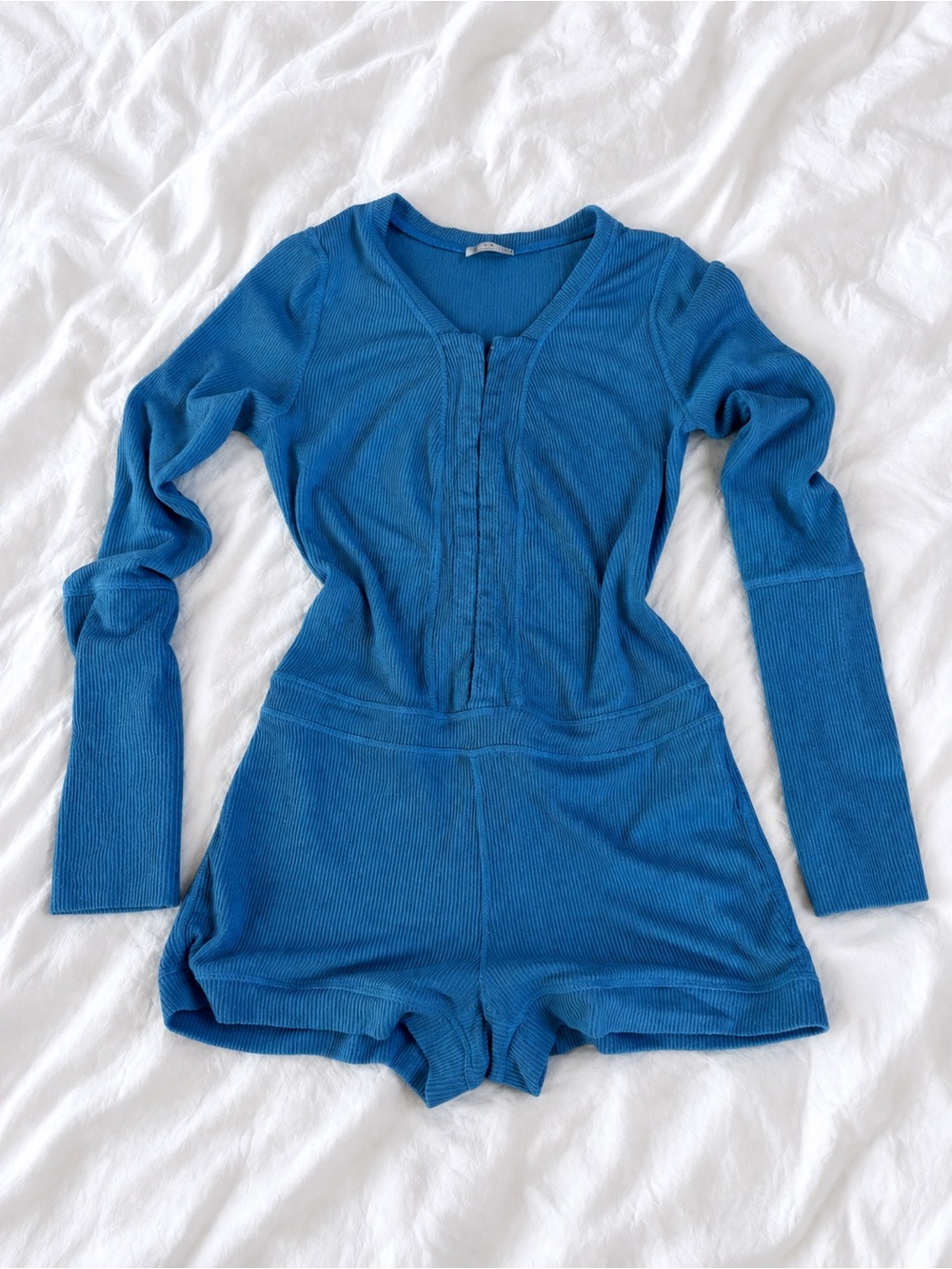 Free People Blue Ribbed Long-Sleeve Romper